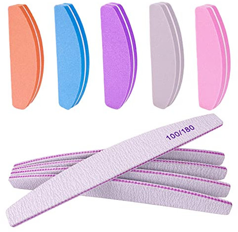 Nail File and Buffer (10 Pcs), Buffer Block Nail Files Double Sided 100/180 Grit for Acrylic and Natural Nails, fingernail Emery Board Buffing Blocks Manicure Set Nail Care kit Tool Halfmoon Arc