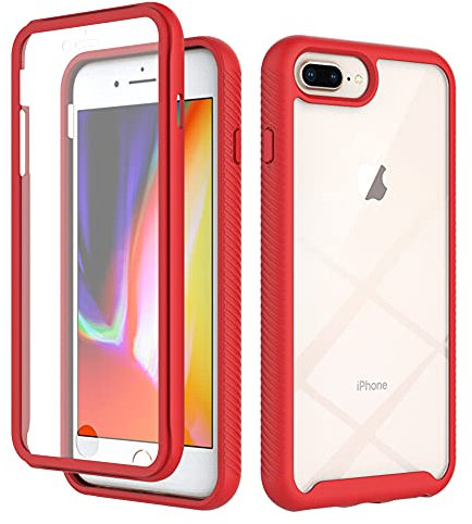 for iPhone 8 Plus / 7Plus / 6S Plus / 6 Plus Case with Built-in Screen Protector, 360 Full Body Protective Cover Heavy Duty Anti-Scratch Shockproof Slim Silicone Bumper Clear Phone Case, Red