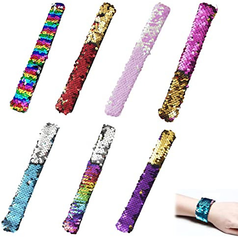 TSLRSA 7 Pcs Schnapparmband Kinder Slap Armband Pailletten Meerjungfrau Klapparmband Reversible Pailletten Snap Armband Mitgebsel Kindergeburtstag Gastgeschenke Mädchen Junge