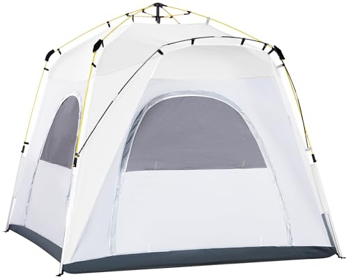 Outsunny Instant Pop Up Camping Tent, 3 Man Dome Tent with 4 Doors, Sewn-in Groundsheet, Carry Bag and Top Hook for Fishing Hiking Festival, Light Grey