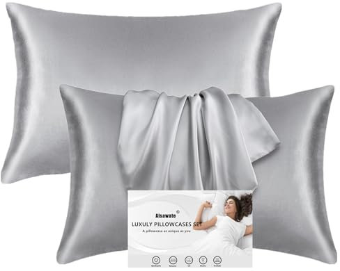 2er Pack Satin Kissenbezug für Haar und Haut, 100% Seidig Luxus Satin Kissenhülle mit Hotelverschluss, Grau Kopfkissenbezug Weich und Atmungsaktiv Kissenbezüge 40 x 60 cm