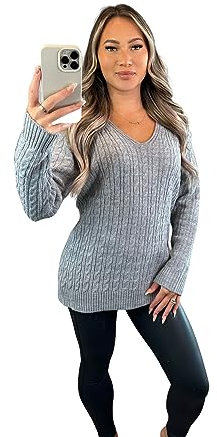 Crazy Fashion Ladies Long Sleeve V-Neck Knitted Cable Women’s Jumper Knitted Sweater Pull Over Jumper Top Knit Warm Winter Chunky Everyday Casual Pullover Plain Tops Silver UK 16-18