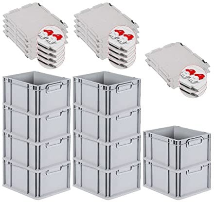 PROREGAL SuperSparSet 10x Eurobox NextGen Grip mit Scharnierdeckel und roten Schiebeschnappverschlüssen, HxBxT 22x30x40cm, 20 L, Grau, Griffe geschlossen, Eurobehälter, Transportbox