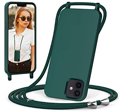ScandiCasis Handykette für iPhone 12 Mini Hülle mit Band, Handyhülle mit Schnur zum Umhängen, weiche TPU Silikonhülle mit Band [verstellbar] [abnehmbar] Halskettenhülle für iPhone 12 Mini-dunkelgrün