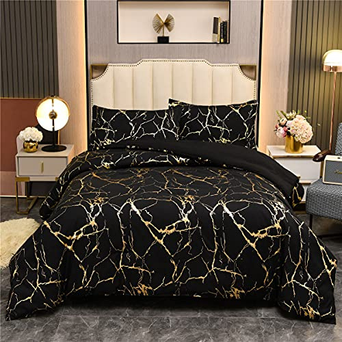 Holawakaka Bettwäsche-Set mit Pailletten, Marmor, goldfarben, für Doppelbett, Schwarz/Gold
