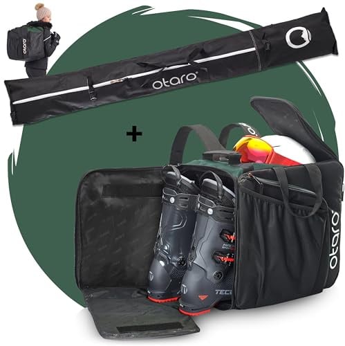 Otaro Skitasche und Skischuhtasche (PRO Set | Tannengrün | Für 1 Paar Ski) | Skisack für Ski und Skischuhrucksack mit Helmfach |