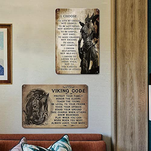 Viking Decor Vintage Blechschild – Viking Code Nordic Decor & I Choose to Live by Choice Inspirierende Zitate Wikinger Krieger Wandkunst – 2 Stück Retro Metall Blechschilder Wikinger Wanddekoration 30