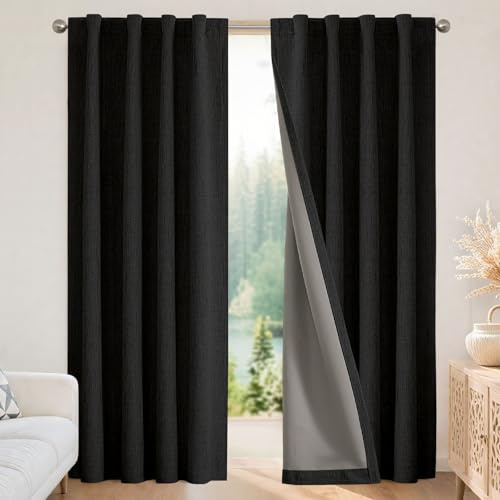 Joydeco 2 rideaux occultants pour chambre à coucher - 100 % bloquant la lumière - 94 cm de large x 160 cm de long - Isolation thermique - Texture lin - salon, passe-tringle, languettes arrière - Noir