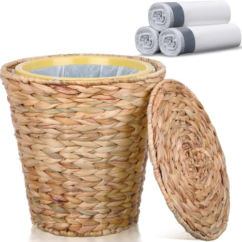 Menkxi Petite poubelle en osier avec couvercle et insert en plastique - Corbeille ronde en rotin avec 60 sacs à cordon de serrage - Corbeille à déchets bohème en osier tissé avec couvercle pour salle