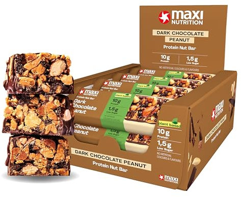 MaxiNutrition Dark Chocolate Peanut Nussriegel vegan 12x46g – Protein Riegel aus ganzen Nüssen mit 22% Protein, plant based, ohne Zuckerzusatz, ohne künstliche Aromen