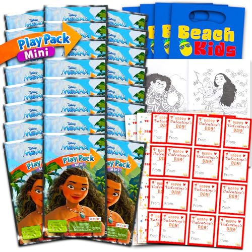 Disney Moana - Set di 24 mini libri da colorare per la scuola, adesivi per San Valentino, bomboniere per bambini