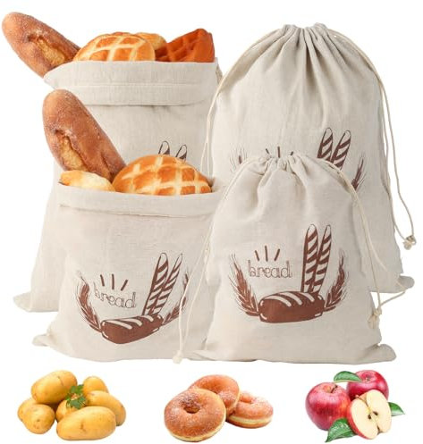 4 Stück Brotbeutel Leinen, Brotsack Mit Kordelzug, Brotbeutel Aufbewahrung Frischhalten, 25x30cm/30x38cm Leinenbeutel, Wiederverwendbar LeinensäCkchen Für Brot, Baguette, Obst, Gemüse, 2 Größen