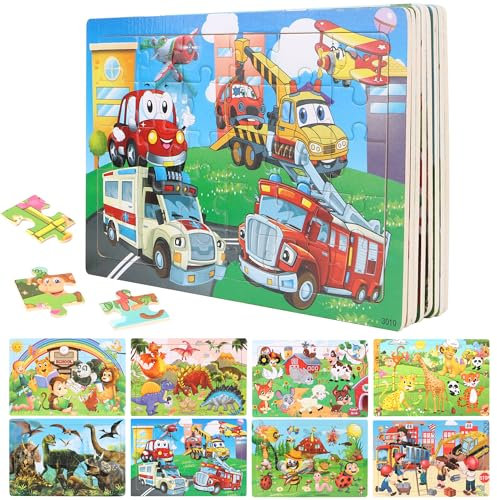 8 Stück Holz Puzzle Kinder – 30 Teile Lernspielzeug mit Auto, Tier & Dinosaurier | Gehirntraining für Kinder ab 3 Jahren Für Zuhause, Kindergarten & Reise