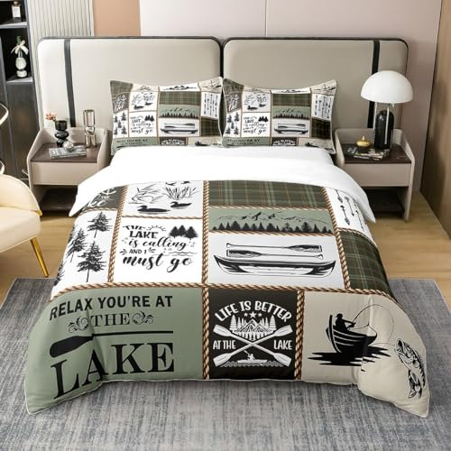 Seeente 100% Natur Baumwolle Bettbezug, Vintage Land Wilde Tiere Dschungel Camping Bettwäsche Set für Zimmer, See Seeufer Holzkabine Ganzjahres Bettwäsche mit Reißverschluss Verschluss 135x200