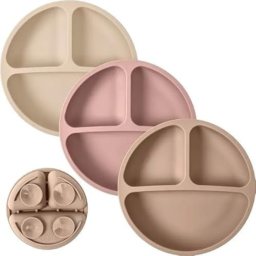 BebeCalin Baby teller mit Saugnapf, Silikon-Saugnapfteller für Kleinkinder, Kinder, Selbstfütterung, Entwöhnungsplatten für Hochstuhl-Tablett, unzerbrechlich (Hellrosa + Creme + Khaki)