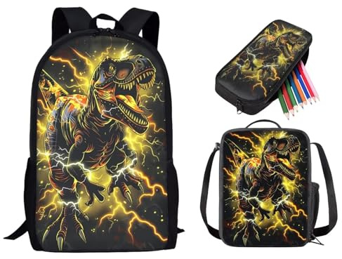 PCSJRKG Lightning T-Rex Dino Print Schulrucksack-Set, 17 Zoll Große Knapsack Sets mit Lunchbox Federmäppchen, Reise Daypack Schulranzen Leichter Rucksack mit Lunchbox und Federmäppchen