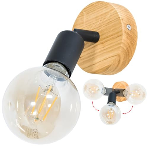 LED Wood Deckenstrahler 1 Flammig Schwenkbar - Handgefertigte Deckenlampe Vintage aus Eichenholz - E27 Deckenleuchte Industrial - Lampe Decke für Wohnzimmer, Schlafzimmer und Küche - Ohne Leuchtmittel