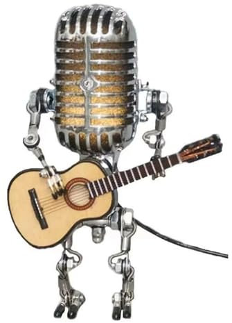 DUSUL Vintage Microphone Guitar Robot Lamp With Dimmer - Handmade Retro Metal Mini Night Light Table Steampunk Lamp for Bedroom, Office Home Decoration (Red)