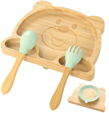 Coptiner Ventosa para bebés,Set de vajilla para bebés,Bandeja con ventosa,Plato Niño,Bandeja de Bambú con Venta,Set de Destete para Bebés a partir de 3 MesesNo Deslizante (Oso)