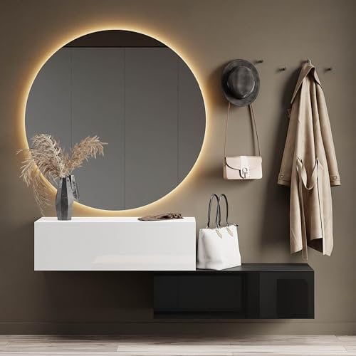 Planetmöbel Flurgarderobe 2X 100 cm inkl. Spiegel rund mit Beleuchtung 100 cm, Schwarz/Weiß, Flur Möbel mit Spiegel, 2X 37,8T x 100B x 32,5H cm