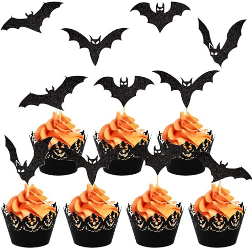 24 Stück Halloween Cupcake Toppers - 4 Designs Fledermaus Deko, Schwarz, Horror Deko für Cupcakes und Muffins