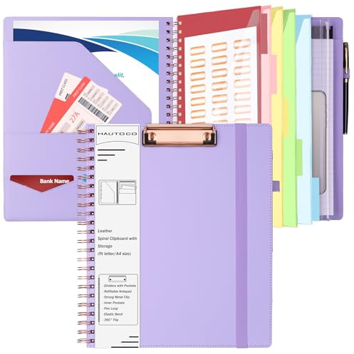 Hautoco Klemmbrett Folio mit a4 Zip Beutel, Klemmbrettmappe mit nachfüllbarem Notizblock, 5 A4-Ordnern, 10-Taschen-Lagerung, Klemmbrett mit Deckel für Schule/Büro, Lavendel