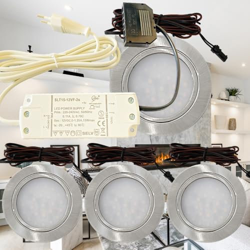 Lichtfaktor24 4er Set LED Möbel Einbaustrahler 12V ultra flach 2.4W Einbauleuchten Mila 160lm mit LED Trafo und 230V Zuleitung 3000K Warmweiß Lochausschnitt: 58 bis 60mm Silber Plug and Play Spots