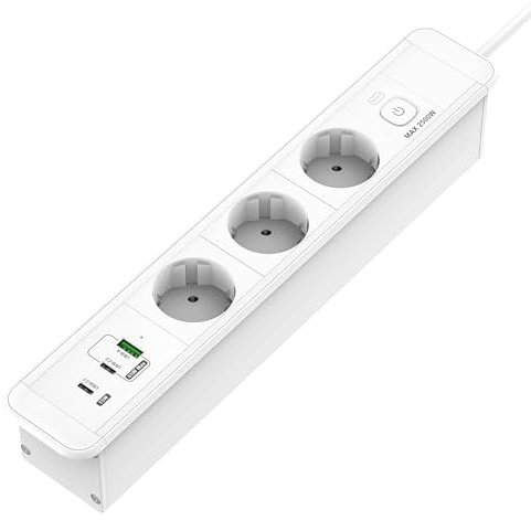 Tischsteckdose mit USB C PD 65W,3 Fach Einbausteckdose mit 3 USB,BQO Steckdosenleiste Schreibtisch mit 1.8M Kabel,Tischsteckdose Klemmbar für Zuhause Büro, 10A/2500W, Weiß