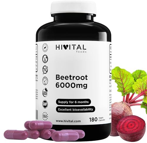Rote Beete 6000 mg. 180 vegane Kapseln für 6-monatige Kur. Natürlicher Rote-Bete-Extrakt. Hergestellt von HIVITAL