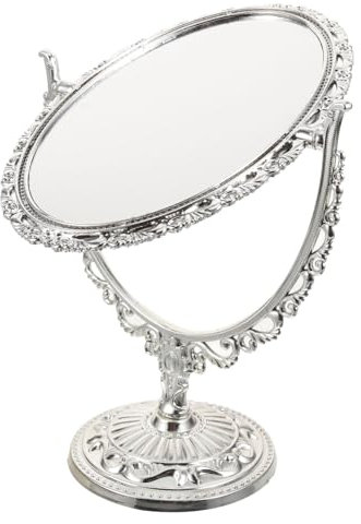 WOONEKY Kosmetikspiegel Oval Im Europäischen Retro-Stil Doppelseitiger Schminkspiegel Aus Glas Und Kunststoff Silberfarben Für Zuhause Badezimmer Und Schlafzimmer