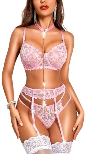 RSLOVE Women's Lingerie Sets Lace Bra and Panty Set with Garter Belt Pink Small