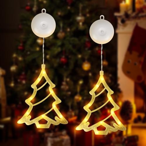 Christmas Window Lights with Battery Operated, 2Pcs Hanging Windows Christmas Lights with Suction Cup, Christmas Tree Lights for Party Shop Window Xmas Decoration, Christmas Lights for Windows Indoor