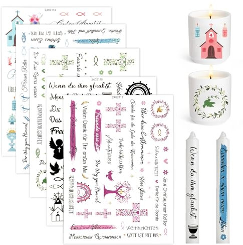 5 pièces tatouages de bougies, impression par transfert d'eau tatouages de bougies à frotter sur autocollant bougie de baptême tatouage bougie feuille communion pour baptême, confirmation