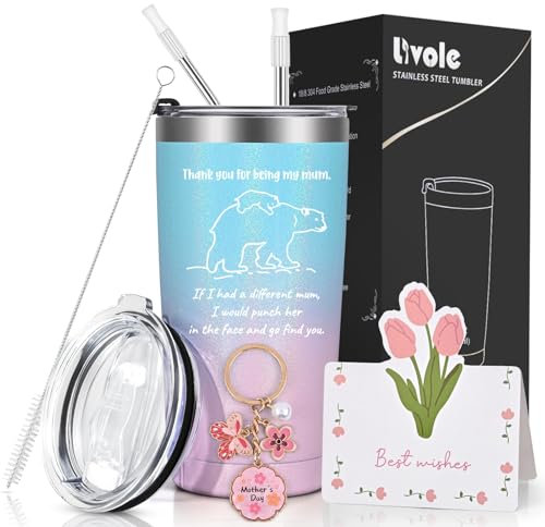 Livole Mother s Day Gifts from Daughter, Mum Gifts for Birthday, Christmas Presents for Mum, Mummy, Thank You for Being My Mum, Key Ring, Greeting Card, 20oz Travel Coffee Mug, 600ml Wine Tumbler