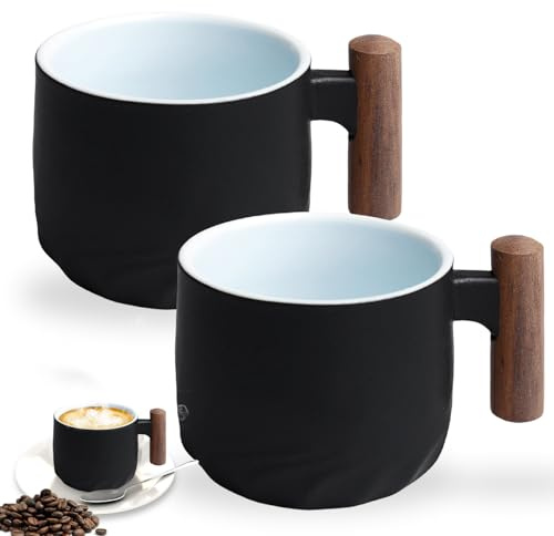 WIYETY 2 pezzi Tazza da espresso in ceramica: Tazze da espresso premium con manico, Tazza da tè da caffè a parete spessa Mini, Tazza da caffè per espresso, tazza da tè da espresso (Nero, 60 ml)