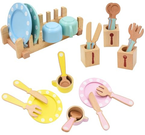 Cocinita de Madera Infantil 24 Piezas, Aolkee Cocina Juguete Madera, Utensilios Cocina Juguete, Juego de Cocina para niños, Juego de rol, Juguetes Montessori 3 4 5 Año