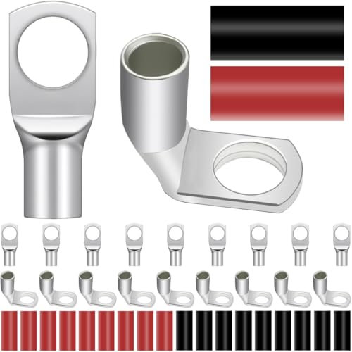 DAOKAI Cable Lugs 25mm² M10 Copper Wire Lugs Bolt Hole,SC25-10 Ends Lugs Battery Terminal Connectors,Tinned Copper Crimp Lugs with 90 Degree Angle Car Battery Ring Terminals(10Pcs+10Pcs)