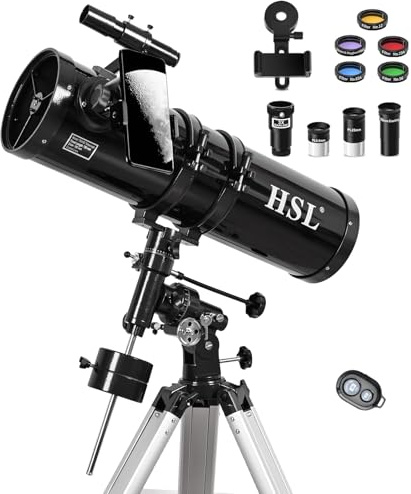 HSL 150EQ Astronomical Reflector Telescope for Adults high Powered,150mm Aperture Professional Telescopes for Adults Astronomy,Comes with 5 Color Filters Set and 3X Barlow Lens Black