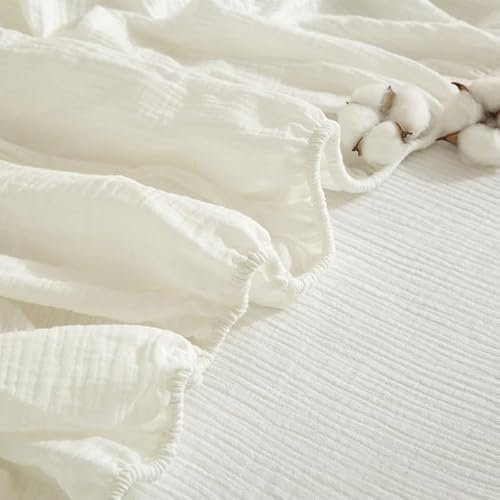 Gezu Spannbettlaken 180x200cm Doppelte Muslin Weiß Weich 100% Baumwolle Muslin Hypoallergen Thermoregulierend Spannbetttuch Bettlaken 180x200cm Spannbettlaken Sommer für bis 30cm Matraze