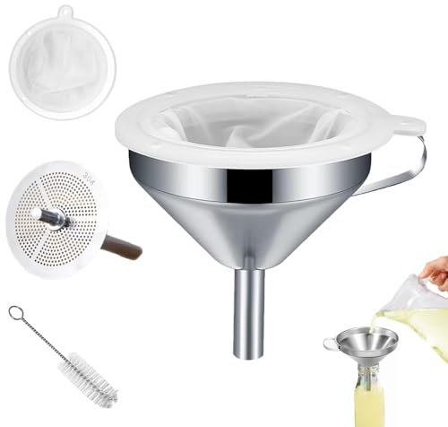 Funnels Stainless Steel Kitchen 13 cm Funnels with Handle, Detachable 200 Mesh Food Strainer and Stainless Steel Filter Strainer, Cleanning Brush for Filter Liquid, Oils, Powder, Juice, Jam