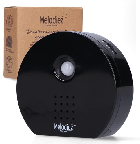 Melodiez Vogelklang-Häuschen mit Sensor – Box inkl. Batterien und 4 natürlichen Vogel-, Ozean- und Dschungelklängen – Vogelhaus mit Geräusch – Für Zuhause oder WC (Schwarz, Kompaktes Design)