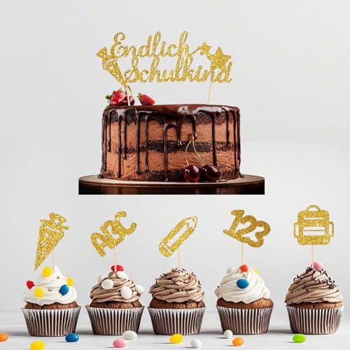 Tortendeko Einschulung 2025, 11er Set Cake Topper Endlich Schulkind, ABC 123, Zuckertüten - Mädchen & Junge - Ideal für Schulanfang & Geschenke-School Cake Decoration Set (Gold)