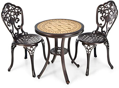 TANGZON 3 Pieces Patio Bistro Set, Outdoor Cast Aluminum Round Dining Table and 2 Chairs with Hollowed Seat, Garden Dining Furniture Set for Balcony Backyard Poolside Lawn