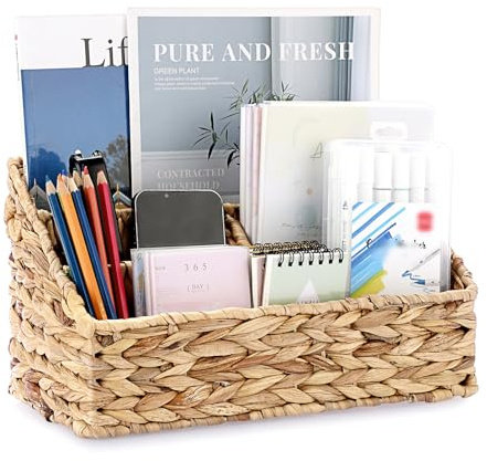 TOLIDA Gewebtes Schreibtisch Organizer Stiftehalter aus Wasserhyazinthe, Office Organizer Desk Organizer mit 4 Fächern Multifunktional Sortierer für Stifte Handys Buch Brief Papiere als Geschenk Deko