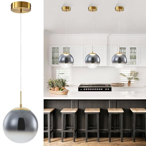FORCOSO LED Pendant Light - with Globe Smoky Grey Gradient Glass Lampshade | Adjustable Hanging Lights- 20cm Contemporary Pendant Light Fitting for Kitchen Island Dining Room Bedroom
