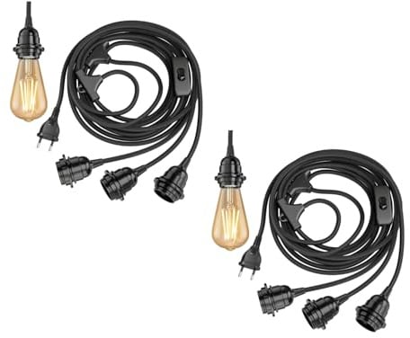 ledscom.de 2x Textilkabel LEKA, Stecker, Schalter, schwarz, 8 m, Lampen-Fassung, 3x E27 max. 60W