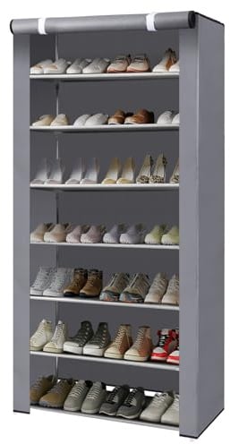 TerraNook Shoe Cabinets Shoe Rack with Dustproof Cover, 4/5/6/8 Tier Shoe Cupboard Storage Organiser, Non-Woven Fabric & Metal Frame, for Hallway Porch Living Room (Grey, 8 tier)