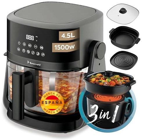 Narvi Freidora de Aire 4,5L 1500W – Air Fryer 3 en 1 con Cazuela y Parrilla, Cocción 360°, Freidora de Aire Panel Digital Táctil, 6 Menús Automáticos, Ventana Visible, Sin BPA