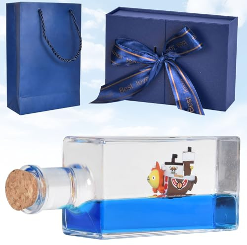 Colexy Kreuzfahrtschiff Fluid Drift Flasche mit beleuchtetem Sockel, Thousand Sunny Schiff, Acryl-Fluid Drift Bottle Unsinkbares Kreuzfahrtschiff-Spielzeug Stressabbau Toy, für Büro und Haus Deko (B)