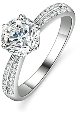 Ringe Verlobung, Ringe Frauen für mittelfinger 6-Zinkig Rund mit 1 Karat Moissanit Silber Platin 950 Größe 54 (17.2)